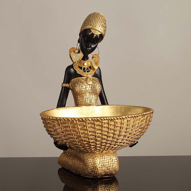 Vintage Collectible Furniture - Patung Gadis Afrika Memegang Piring, Dekorasi